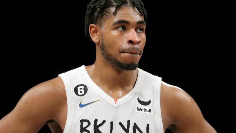 Feb 4, 2023; Brooklyn, New York, USA; Brooklyn Nets guard Cam Thomas (24) reacts during the fourth quarter against the Washington Wizards at Barclays Center. Mandatory Credit: Brad Penner-USA TODAY Sports