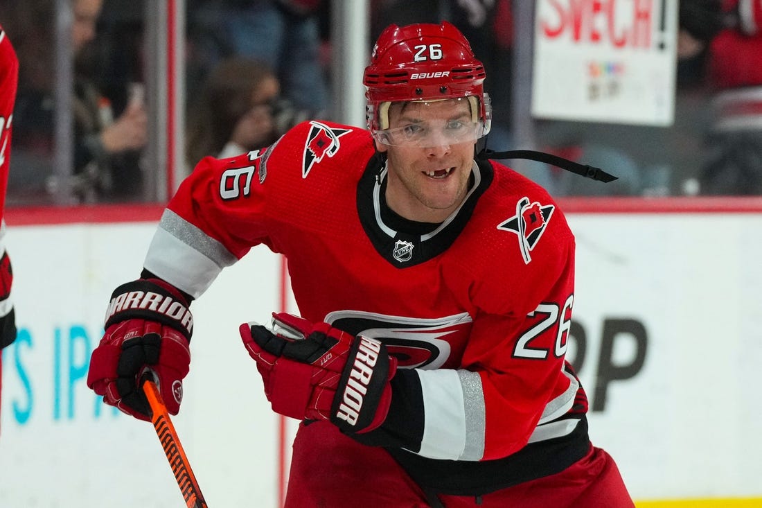 Jan 31, 2023; Raleigh, North Carolina, USA;  Carolina Hurricanes center Paul Stastny (26)) skates before the game against the Los Angeles Kings at PNC Arena. Mandatory Credit: James Guillory-USA TODAY Sports