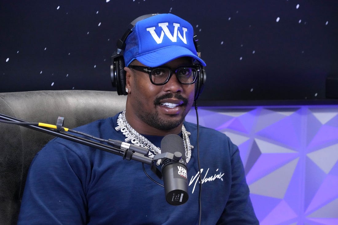 Feb 9, 2023; Phoenix, AZ, USA; Buffalo Bills linebacker Von Miller on the Bleacher Report set on radio row at the Super Bowl LVII media center at the Phoenix Convention Center. Mandatory Credit: Kirby Lee-USA TODAY Sports