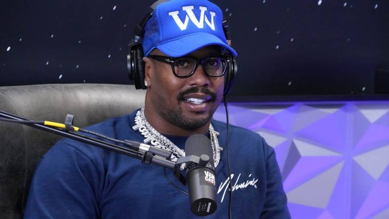 Feb 9, 2023; Phoenix, AZ, USA; Buffalo Bills linebacker Von Miller on the Bleacher Report set on radio row at the Super Bowl LVII media center at the Phoenix Convention Center. Mandatory Credit: Kirby Lee-USA TODAY Sports