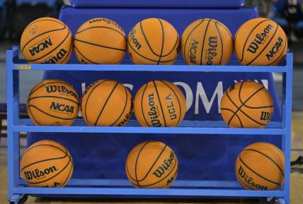 Feb 16, 2023; Los Angeles, California, USA; General view of NCAA Pac 12 basketballs on the court at Pauley Pavilion presented by Wescom. Mandatory Credit: Jayne Kamin-Oncea-USA TODAY Sports