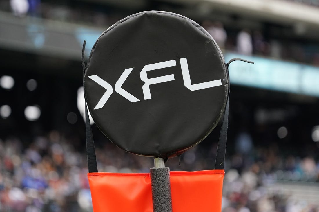 Feb 18, 2023; Arlington, TX, USA; XFL logo chains on the sidelines during the first half of a game between the Vegas Vipers and the Arlington Renegades at Choctaw Stadium. Mandatory Credit: Raymond Carlin III-USA TODAY Sports