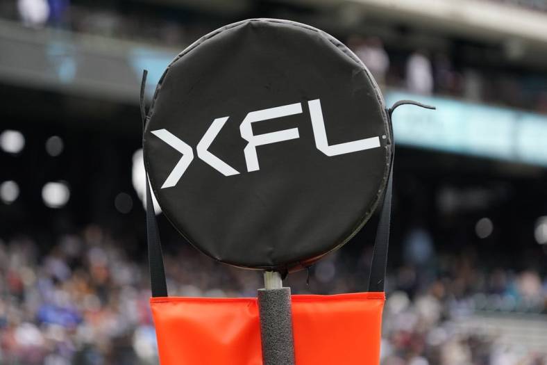 Feb 18, 2023; Arlington, TX, USA; XFL logo chains on the sidelines during the first half of a game between the Vegas Vipers and the Arlington Renegades at Choctaw Stadium. Mandatory Credit: Raymond Carlin III-USA TODAY Sports