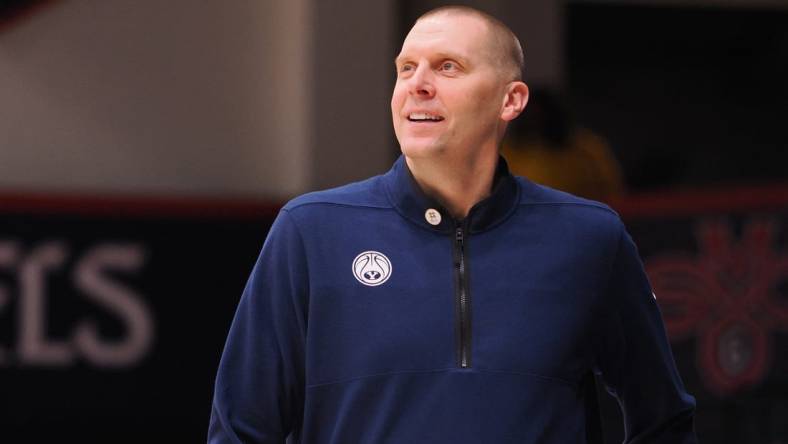 Feb 18, 2023; Moraga, California, USA; BYU Cougars head coach Mark Pope looks on from the sideline during the second half against the St. Mary's Gaels at University Credit Union Pavilion. Mandatory Credit: Kelley L Cox-USA TODAY Sports