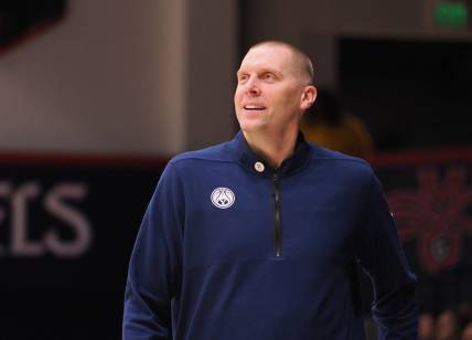Feb 18, 2023; Moraga, California, USA; BYU Cougars head coach Mark Pope looks on from the sideline during the second half against the St. Mary's Gaels at University Credit Union Pavilion. Mandatory Credit: Kelley L Cox-USA TODAY Sports
