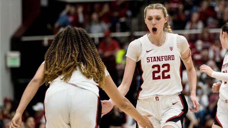 Feb 20, 2023; Stanford, California, USA;  Stanford Cardinal forward Cameron Brink (22) is congratulated by guard Haley Jones (30) after scoring against the UCLA Bruins during the second half at Maples Pavilion. Mandatory Credit: John Hefti-USA TODAY Sports