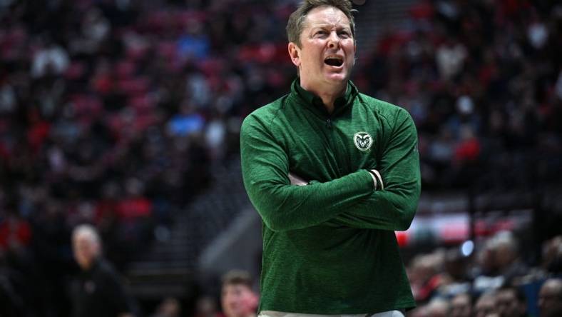 Feb 21, 2023; San Diego, California, USA; Colorado State Rams head coach Niko Medved reacts during the first half against the San Diego State Aztecs at Viejas Arena. Mandatory Credit: Orlando Ramirez-USA TODAY Sports