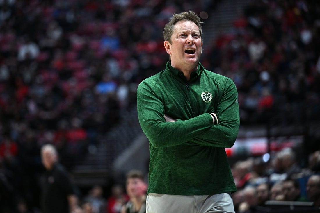 Feb 21, 2023; San Diego, California, USA; Colorado State Rams head coach Niko Medved reacts during the first half against the San Diego State Aztecs at Viejas Arena. Mandatory Credit: Orlando Ramirez-USA TODAY Sports