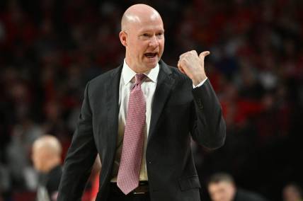 Feb 19, 2023; Lincoln, Nebraska, USA;  Maryland Terrapins head coach Kevin Willard watches action against the Nebraska Cornhuskers in the first half at Pinnacle Bank Arena. Mandatory Credit: Steven Branscombe-USA TODAY Sports