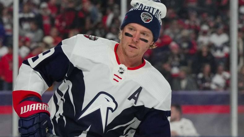 Feb 18, 2023; Raleigh, North Carolina, USA; Washington Capitals center Nicklas Backstrom (19) skates during the warmups before the game against the Carolina Hurricanes during the 2023 Stadium Series ice hockey game at Carter-Finley Stadium. Mandatory Credit: James Guillory-USA TODAY Sports