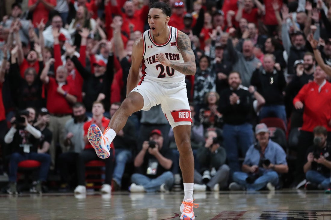 Feb 25, 2023; Lubbock, Texas, USA; Texas Tech Red Raiders guard Jaylon Tyson (20) reacts after a shot against the TCU Horned Frogs in the second half at United Supermarkets Arena. Mandatory Credit: Michael C. Johnson-USA TODAY Sports