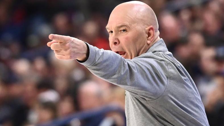 Feb 25, 2023; Spokane, Washington, USA; St. Mary's Gaels head coach Randy Bennett looks on against the Gonzaga Bulldogs in the first half at McCarthey Athletic Center. Mandatory Credit: James Snook-USA TODAY Sports