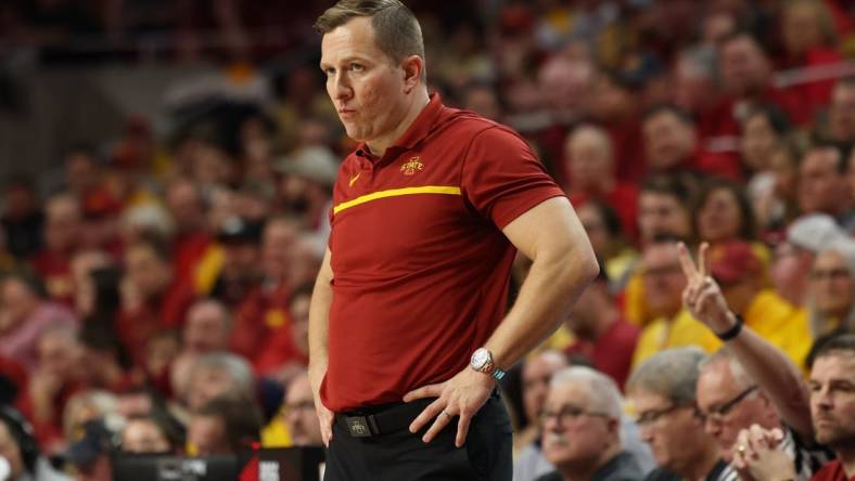 Feb 27, 2023; Ames, Iowa, USA; Iowa State Cyclones head coach T. J. Otzelberger watches his team play the West Virginia Mountaineers during the second half at James H. Hilton Coliseum. Mandatory Credit: Reese Strickland-USA TODAY Sports