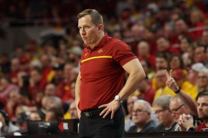 Feb 27, 2023; Ames, Iowa, USA; Iowa State Cyclones head coach T. J. Otzelberger watches his team play the West Virginia Mountaineers during the second half at James H. Hilton Coliseum. Mandatory Credit: Reese Strickland-USA TODAY Sports