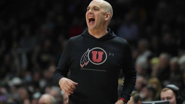 Mar 4, 2023; Boulder, Colorado, USA; Utah Utes head coach Craig Smith calls out in the first half against the Colorado Buffaloes at the CU Events Center. Mandatory Credit: Ron Chenoy-USA TODAY Sports