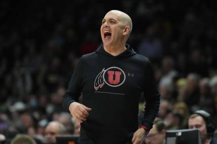 Mar 4, 2023; Boulder, Colorado, USA; Utah Utes head coach Craig Smith calls out in the first half against the Colorado Buffaloes at the CU Events Center. Mandatory Credit: Ron Chenoy-USA TODAY Sports