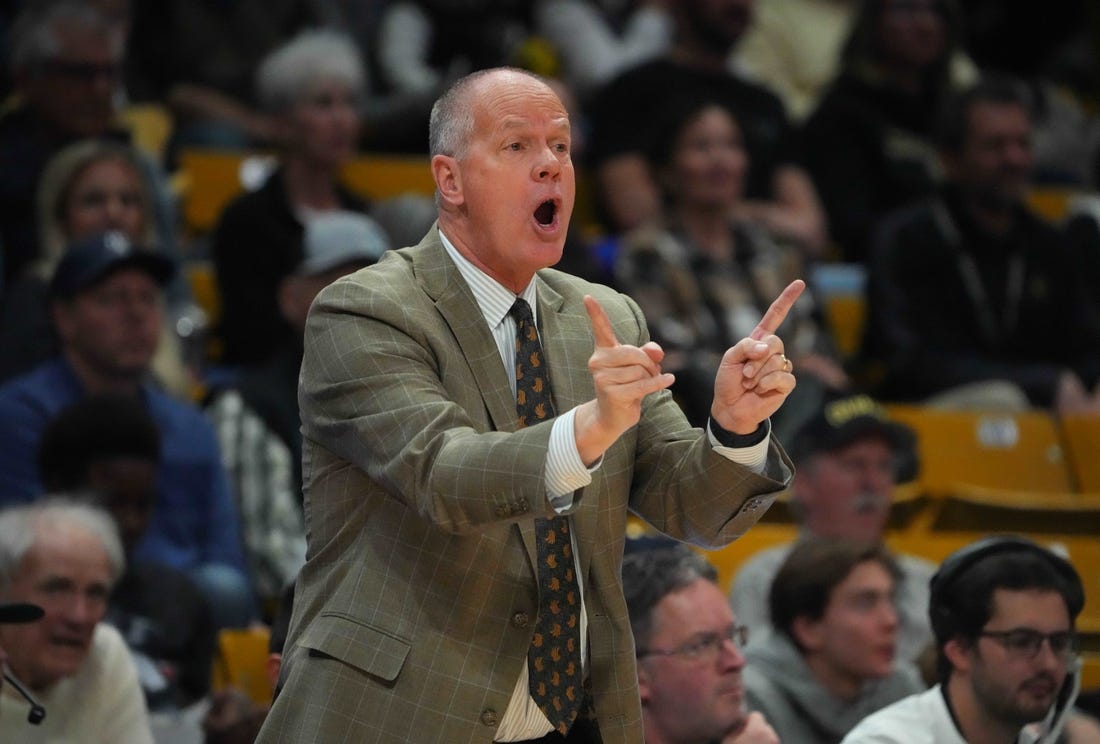 Mar 4, 2023; Boulder, Colorado, USA; Colorado Buffaloes head coach Tad Boyle calls in play in the first half against the Utah Utes at the CU Events Center. Mandatory Credit: Ron Chenoy-USA TODAY Sports