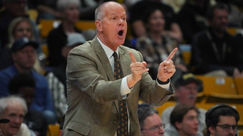 Mar 4, 2023; Boulder, Colorado, USA; Colorado Buffaloes head coach Tad Boyle calls in play in the first half against the Utah Utes at the CU Events Center. Mandatory Credit: Ron Chenoy-USA TODAY Sports