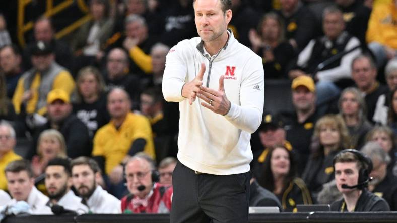 Mar 5, 2023; Iowa City, Iowa, USA; Nebraska Cornhuskers head coach Fred Hoiberg calls for a timeout during the first half against the Iowa Hawkeyes at Carver-Hawkeye Arena. Mandatory Credit: Jeffrey Becker-USA TODAY Sports