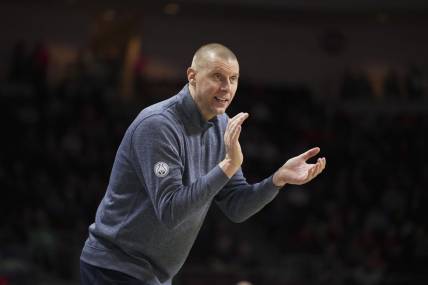 March 6, 2023; Las Vegas, NV, USA; Brigham Young Cougars head coach Mark Pope instructs against the Saint Mary's Gaels during the first half in the semifinals of the WCC Basketball Championships at Orleans Arena. Mandatory Credit: Kyle Terada-USA TODAY Sports