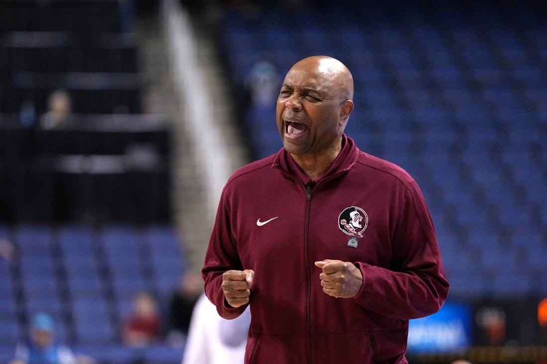 Mar 7, 2023; Greensboro, NC, USA; Florida State Seminoles head coach Leonard Hamilton reacts in the second half of the first round of the ACC Tournament at Greensboro Coliseum. Mandatory Credit: Bob Donnan-USA TODAY Sports