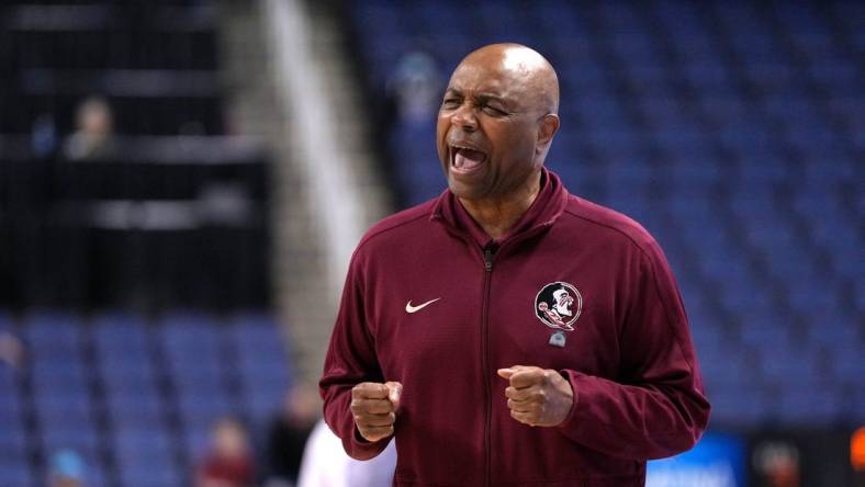 Mar 7, 2023; Greensboro, NC, USA; Florida State Seminoles head coach Leonard Hamilton reacts in the second half of the first round of the ACC Tournament at Greensboro Coliseum. Mandatory Credit: Bob Donnan-USA TODAY Sports