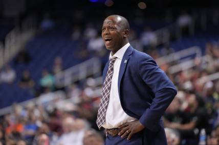 Mar 7, 2023; Greensboro, NC, USA; Boston College Eagles head coach Earl Grant reacts in the first half of the first round of the ACC Tournament at Greensboro Coliseum. Mandatory Credit: Bob Donnan-USA TODAY Sports