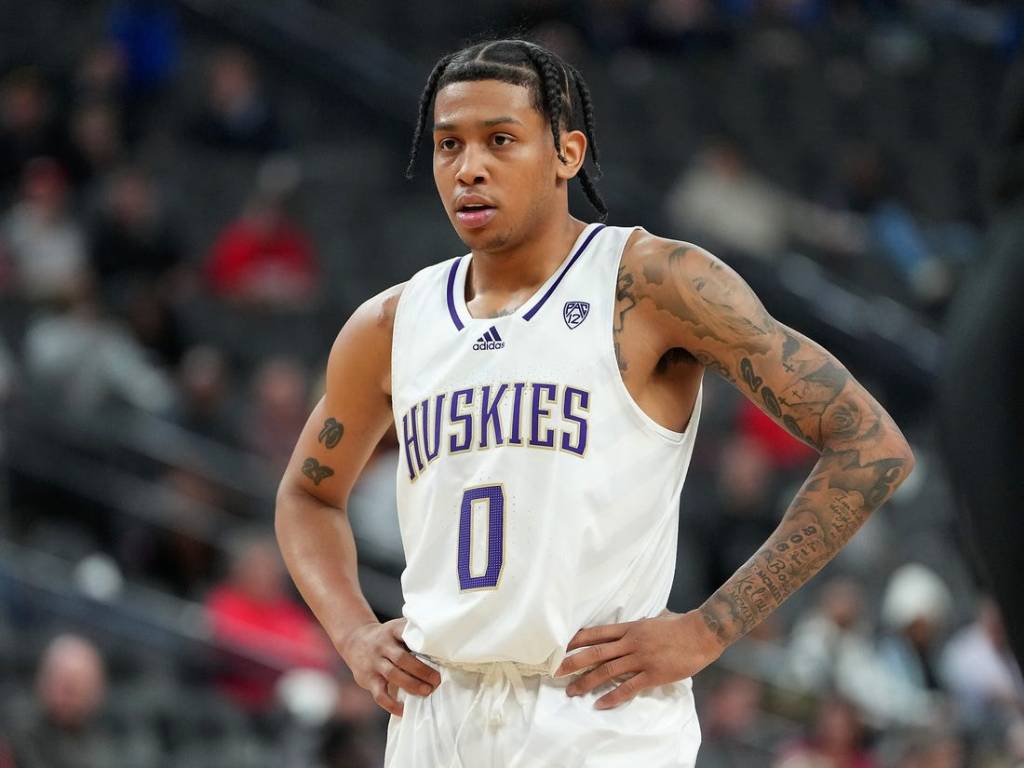 Mar 8, 2023; Las Vegas, NV, USA; Washington Huskies guard Koren Johnson (0) awaits a free throw attempt against the Colorado Buffaloes during the first half at T-Mobile Arena. Mandatory Credit: Stephen R. Sylvanie-USA TODAY Sports