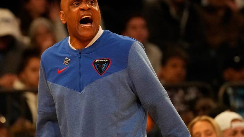 Mar 8, 2023; New York, NY, USA;  DePaul Blue Demons head coach Tony Stubblefield coaches his team during the first half of play against Seton Hall at Madison Square Garden. Mandatory Credit: Robert Deutsch-USA TODAY Sports