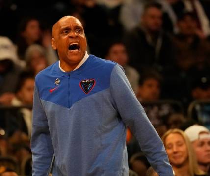 Mar 8, 2023; New York, NY, USA;  DePaul Blue Demons head coach Tony Stubblefield coaches his team during the first half of play against Seton Hall at Madison Square Garden. Mandatory Credit: Robert Deutsch-USA TODAY Sports