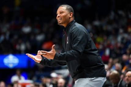 South Carolina head coach Lamont Paris works with his team against Mississippi during the first half of a first round SEC Tournament men   s basketball game at Bridgestone Arena in Nashville, Tenn., Wednesday, March 8, 2023.

Misssc Sec G1 030823 An 014