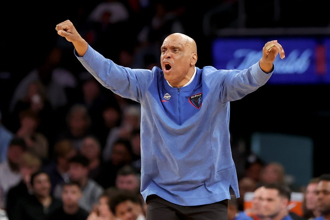 Mar 8, 2023; New York, NY, USA; DePaul Blue Demons head coach Tony Stubblefield coaches against the Seton Hall Pirates during the second half at Madison Square Garden. Mandatory Credit: Brad Penner-USA TODAY Sports