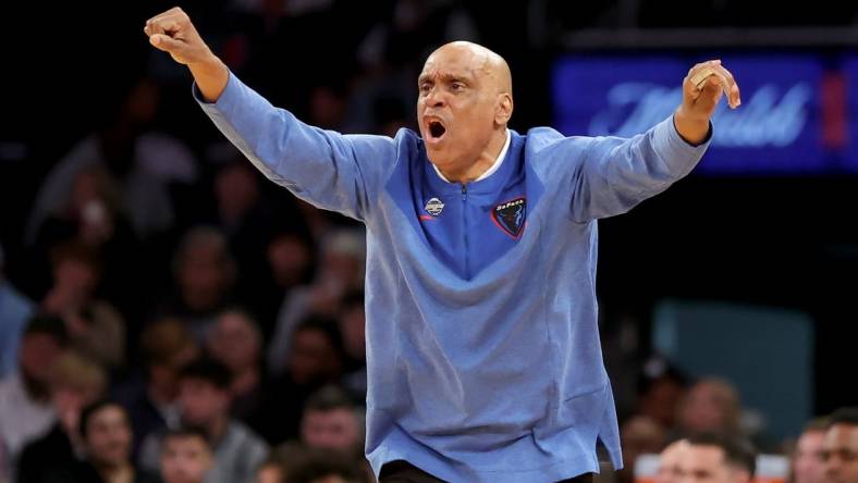 Mar 8, 2023; New York, NY, USA; DePaul Blue Demons head coach Tony Stubblefield coaches against the Seton Hall Pirates during the second half at Madison Square Garden. Mandatory Credit: Brad Penner-USA TODAY Sports