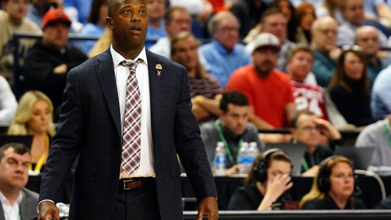 Mar 8, 2023; Greensboro, NC, USA; Boston College Eagles head coach Earl Grant looks on as his team takes on North Carolina Tar Heels during the first half of the second round of the ACC tournament at Greensboro Coliseum. Mandatory Credit: John David Mercer-USA TODAY Sports