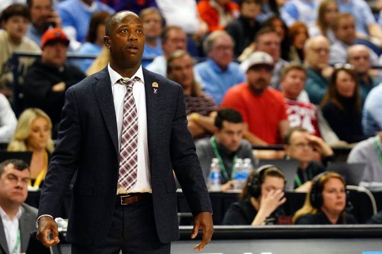 Mar 8, 2023; Greensboro, NC, USA; Boston College Eagles head coach Earl Grant looks on as his team takes on North Carolina Tar Heels during the first half of the second round of the ACC tournament at Greensboro Coliseum. Mandatory Credit: John David Mercer-USA TODAY Sports