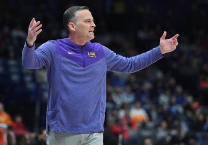 Mar 8, 2023; Nashville, TN, USA; LSU Tigers head coach Matt McMahon reacts after a call by the officials during the first half against the Georgia Bulldogs at Bridgestone Arena. Mandatory Credit: Christopher Hanewinckel-USA TODAY Sports