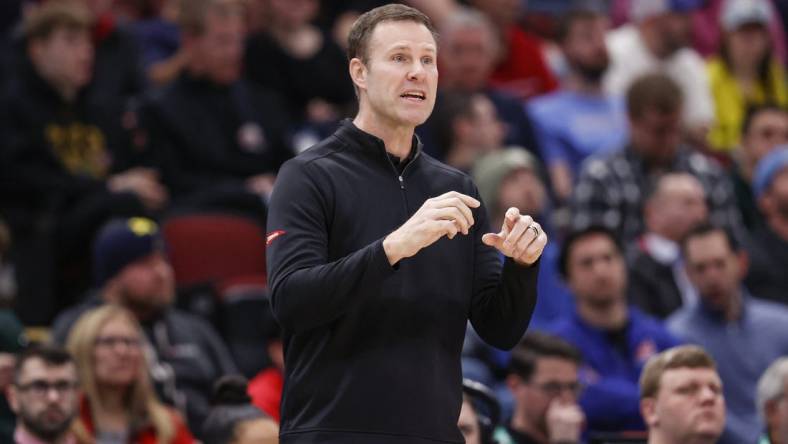 Mar 8, 2023; Chicago, IL, USA; Nebraska Cornhuskers head coach Fred Hoiberg directs his team against the Minnesota Golden Gophers during the first half at United Center. Mandatory Credit: Kamil Krzaczynski-USA TODAY Sports