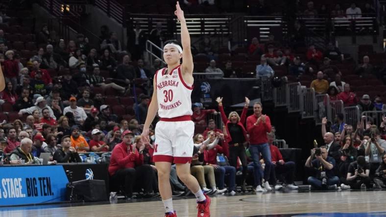 Mar 8, 2023; Chicago, IL, USA; Nebraska Cornhuskers guard Keisei Tominaga (30) gestures after making a three point basket against the Minnesota Golden Gophers during the first half at United Center. Mandatory Credit: David Banks-USA TODAY Sports