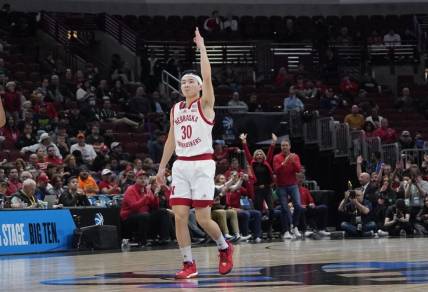 Mar 8, 2023; Chicago, IL, USA; Nebraska Cornhuskers guard Keisei Tominaga (30) gestures after making a three point basket against the Minnesota Golden Gophers during the first half at United Center. Mandatory Credit: David Banks-USA TODAY Sports