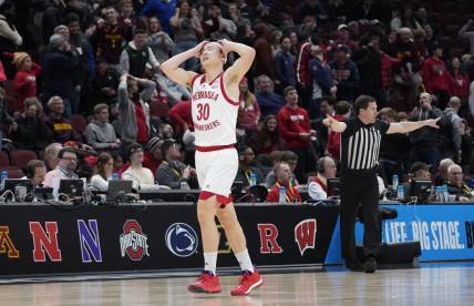 Mar 8, 2023; Chicago, IL, USA; Nebraska Cornhuskers guard Keisei Tominaga (30) reacts after missing a shot at the end of the game against the Minnesota Golden Gophers at United Center. Mandatory Credit: David Banks-USA TODAY Sports