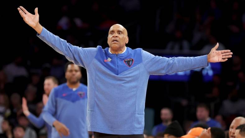 Mar 8, 2023; New York, NY, USA; DePaul Blue Demons head coach Tony Stubblefield reacts as he coaches against the Seton Hall Pirates during the second half at Madison Square Garden. Mandatory Credit: Brad Penner-USA TODAY Sports