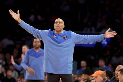 Mar 8, 2023; New York, NY, USA; DePaul Blue Demons head coach Tony Stubblefield reacts as he coaches against the Seton Hall Pirates during the second half at Madison Square Garden. Mandatory Credit: Brad Penner-USA TODAY Sports