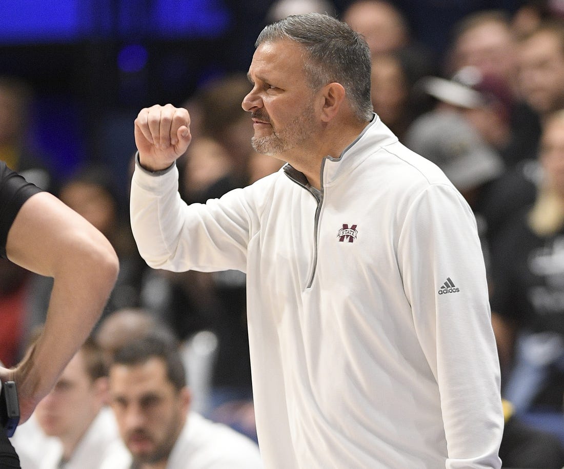 Mar 9, 2023; Nashville, TN, USA;  Mississippi State Bulldogs head coach Chris Jans reacts against the Florida Gators during the second half at Bridgestone Arena. Mandatory Credit: Steve Roberts-USA TODAY Sports