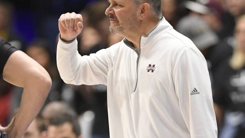 Mar 9, 2023; Nashville, TN, USA;  Mississippi State Bulldogs head coach Chris Jans reacts against the Florida Gators during the second half at Bridgestone Arena. Mandatory Credit: Steve Roberts-USA TODAY Sports