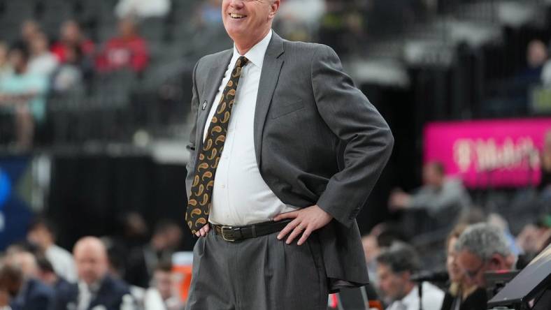 Mar 9, 2023; Las Vegas, NV, USA; Colorado Buffaloes head coach Tad Boyle reacts to a call during the first half against the UCLA Bruins at T-Mobile Arena. Mandatory Credit: Stephen R. Sylvanie-USA TODAY Sports