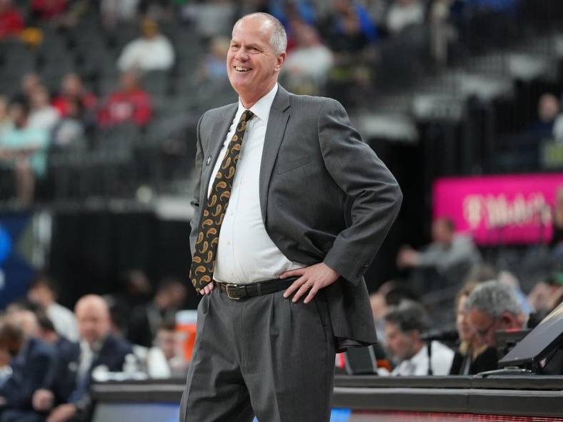 Mar 9, 2023; Las Vegas, NV, USA; Colorado Buffaloes head coach Tad Boyle reacts to a call during the first half against the UCLA Bruins at T-Mobile Arena. Mandatory Credit: Stephen R. Sylvanie-USA TODAY Sports