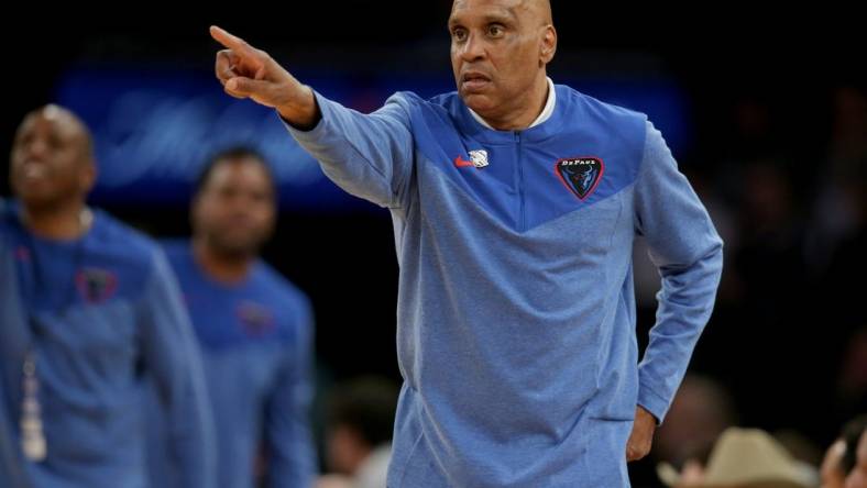 Mar 9, 2023; New York, NY, USA; DePaul Blue Demons head coach Tony Stubblefield coaches against the Xavier Musketeers during the first half at Madison Square Garden. Mandatory Credit: Brad Penner-USA TODAY Sports