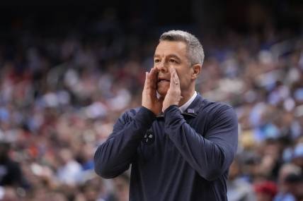Mar 9, 2023; Greensboro, NC, USA; Virginia Cavaliers head coach Tony Bennett reacts in the second half of the quarterfinals of the ACC tournament at Greensboro Coliseum.  Mandatory Credit: Bob Donnan-USA TODAY Sports