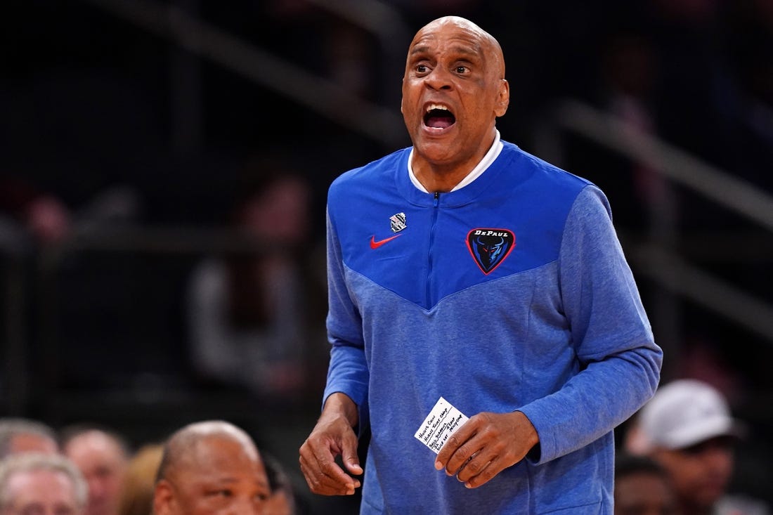 Mar 9, 2023; New York, NY, USA; DePaul Blue Demons head coach Tony Stubblefield instructs the team in the first half of an NCAA college basketball game against the Xavier Musketeers during the second round of the Big East conference tournament, Thursday, March 9, 2023, at Madison Square Garden in New York. Mandatory Credit: Kareem Elgazzar-USA TODAY Sports