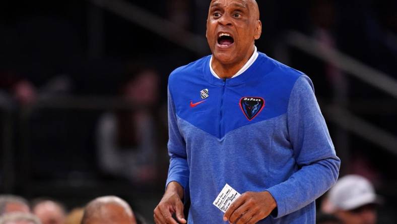 Mar 9, 2023; New York, NY, USA; DePaul Blue Demons head coach Tony Stubblefield instructs the team in the first half of an NCAA college basketball game against the Xavier Musketeers during the second round of the Big East conference tournament, Thursday, March 9, 2023, at Madison Square Garden in New York. Mandatory Credit: Kareem Elgazzar-USA TODAY Sports